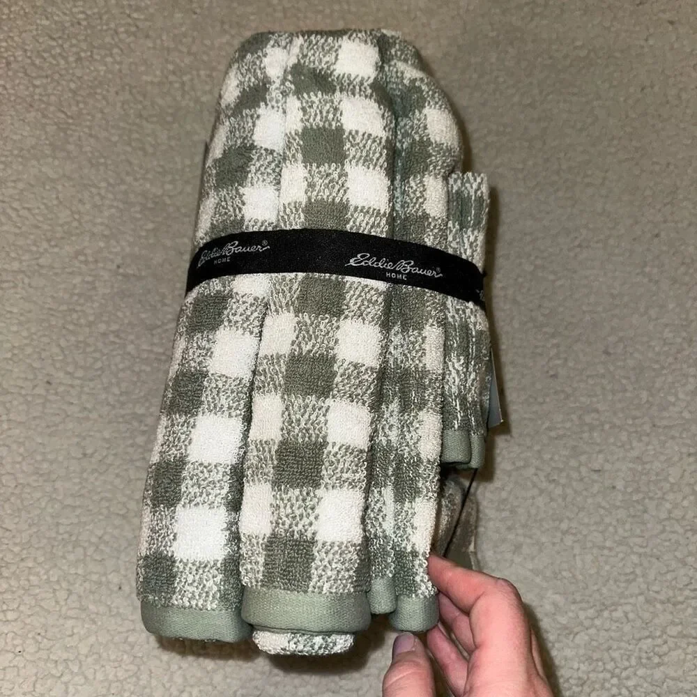 Eddie Bauer Bath Towel Set Preston Check Olive Green White Plaid NWT